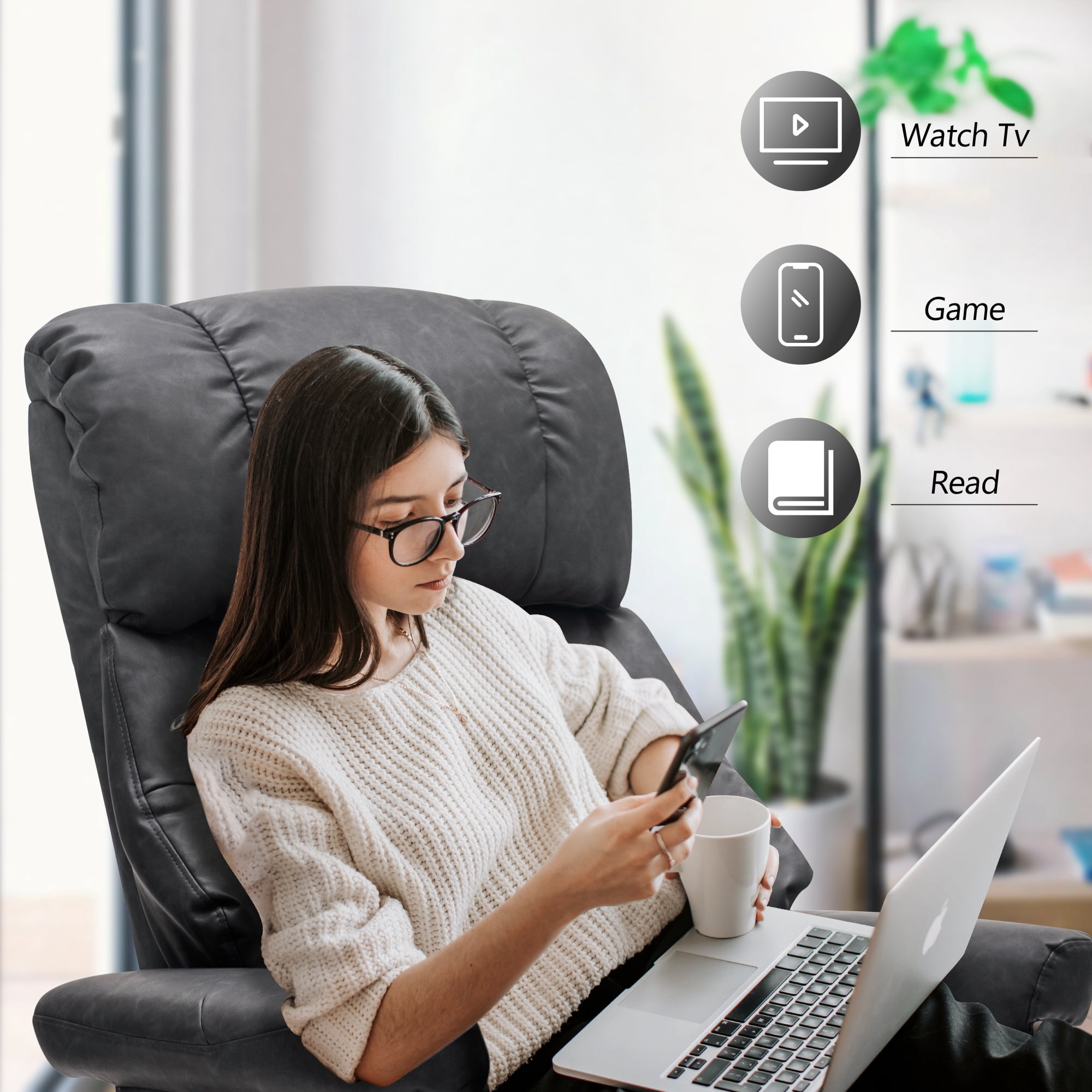 MCombo 360° Swivel Recliner with Ottoman, Lumbar Pillow, Vibration Massage Reclining Chair, Faux Leather(Dark Grey)