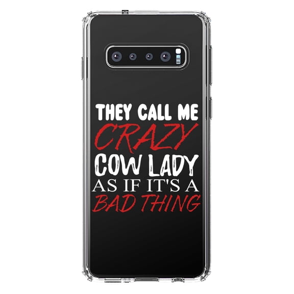 DistinctInk Clear Shockproof Hybrid Case for Samsung Galaxy S10  PLUS (6.4" Screen) - TPU Bumper Acrylic Back Tempered Glass Screen Protector - Crazy Cow Lady As If It's a Bad Thing