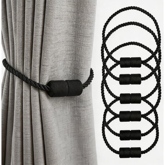 Magnetic Curtain Tiebacks, 6 Pack Black Modern Window Holdbacks, Strong Outdoor Indoor Decorative Drape Tie Backs Rope Holders for Draperies