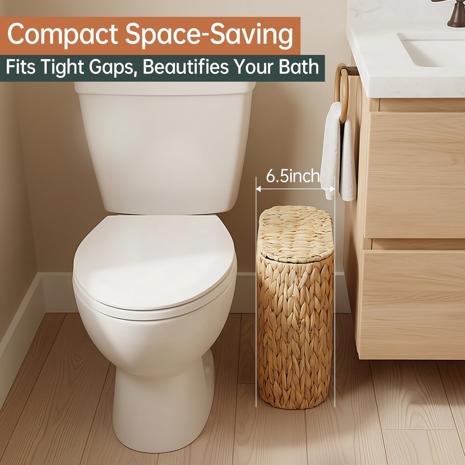Wicker Bathroom Trash Can With Lid Narrow Rattan Waste Basket Removable Liner Bucket Slim Woven Water Hyacinth Garbage For Bedroom Office Small Spaces 3 Gallon