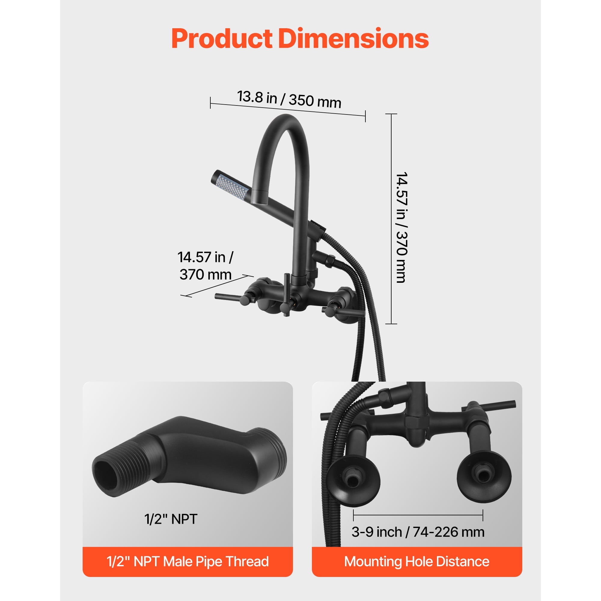 KFFKFF Wall-Mounted Clawfoot Tub Faucet with Handheld Shower, Vintage Matte Black Bathtub Filler Kit Featuring Adjustable Swing Arms & Rotating Gooseneck Spout for Bathtubs