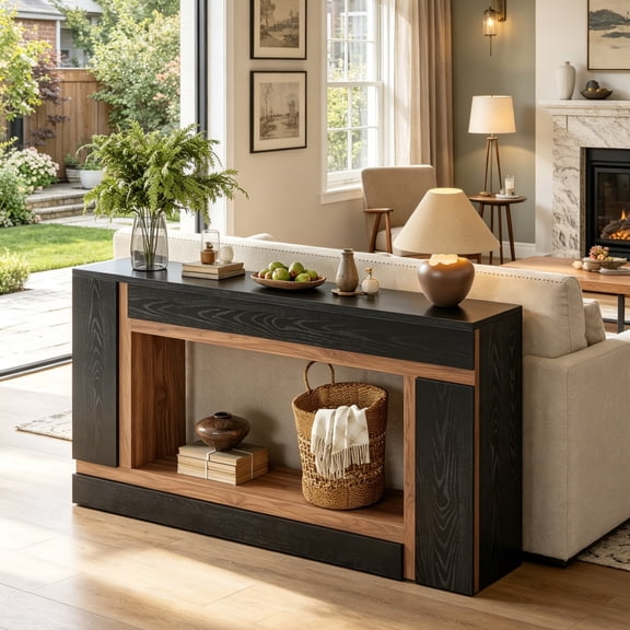 Fnova 63" 2-Tier Console Table, Modern Farmhouse Rectangular Narrow Wooden Entryway Sofa Table Behind Couch with Open Storage for Hallway Foyer Living Room