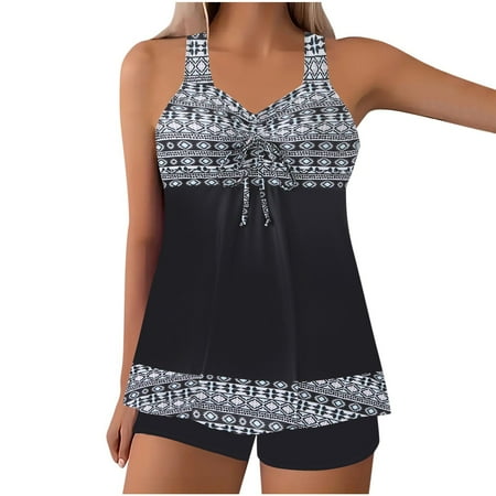 Edvintorg Plus Size Bathing Suit for Women Summer Flowy Swimwear Two Piece Swimsuits Vintage Printed Crisscross Back Adjustable Tank Top with Boyshorts