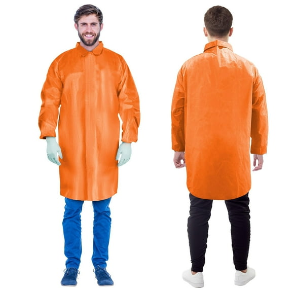 Orange Disposable Lab Coats for Adults, 3X-Large. Pack of 50 Polyethylene Coated Polypropylene Disposable Coats Medical. Adult Lab Coat Disposable with Hook & Loop, No Pockets