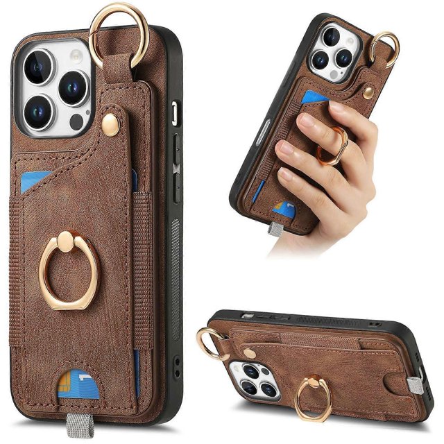 For iPhone 16 Pro Case Card Slots Leather+TPU Phone Cover with Ring Buckle - Green