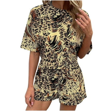 

2 Piece Casual Outfits Lounge Wear Pajamas Set 2023 Fashion Clothes Summer Vacation Women s Fashion Printed T-shirt Round Neck Short Sleeve Shorts Set Gold L