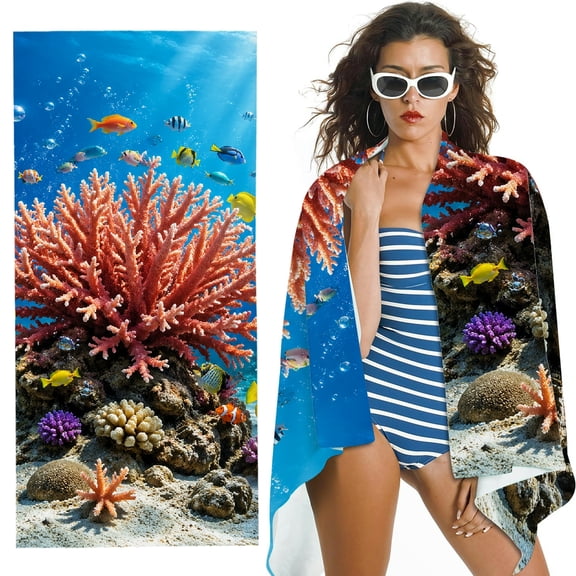RKSupls Oversized Microfiber Beach Towel - underwater coral reef fish ocean marine life Print, Ultra-Soft Microfiber for Bathroom,Beach, Soft Super Absorbent- 30x60 in