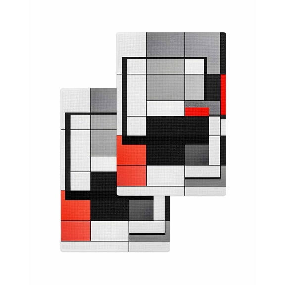 Black Red Geometric Kitchen Dish Towels for Drying Dishes Set of 2, Red White Abstract Art Modern Waffle Weave Microfiber Terry Hand Tea Bathroom Towels Quick Dry & Absorbent Towel 15.7x23.6