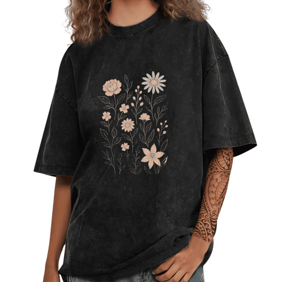 Black Washed Print Tshirt Graphic Tees Shirts Pastel Floral Garden Gen Z Cute Casual Hangout Wear S-2XL Tops