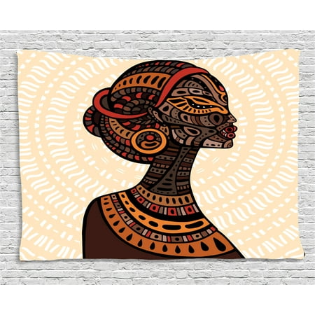 - African Woman Tapestry, Hand Drawn Ethnic Illustration Profile Portrait Tribal Ornaments Folk Art, Wall Hanging for Bedroom Living Room Dorm Decor, 60W X 40L Inches, Multicolor, by Ambesonne