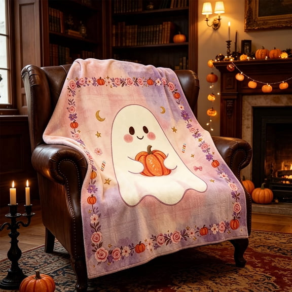Miwamany 39x59 inch Halloween Throw Blanket, Cute Ghost Pumpkin Polyester Soft Blanket, Pink Purple Plush Throw for Sofa Bedroom, Spooky Home Decor