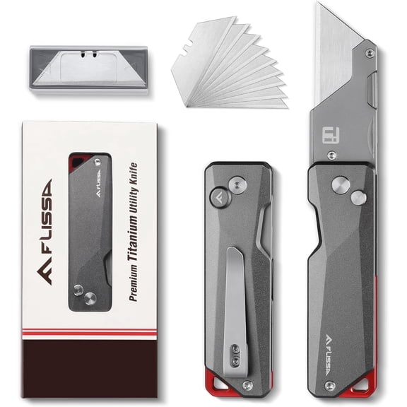 FLISSA Advanced Titanium Utility Knife, CNC Unibody, Lightweight All Metal Folding Box Cutter, Quick Change Blade Razor Knife, with 10 Extra Blades