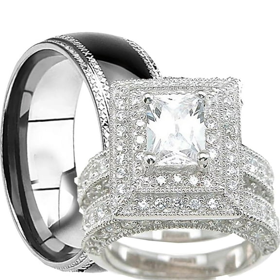 His Hers Trio Wedding Set Matching Wedding Bands for Him Size 9 and Her Size 8