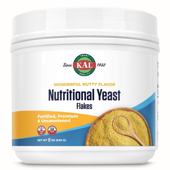 KAL Nutritional Yeast Flakes - Unsweetened and Fortified w/ B12, Folic Acid, Other B Complex Vitamins - Source of Protein - Great Nutty Flavor - Vegan, Gluten Free, 60-Day Guarantee, 34 Servings, 12oz