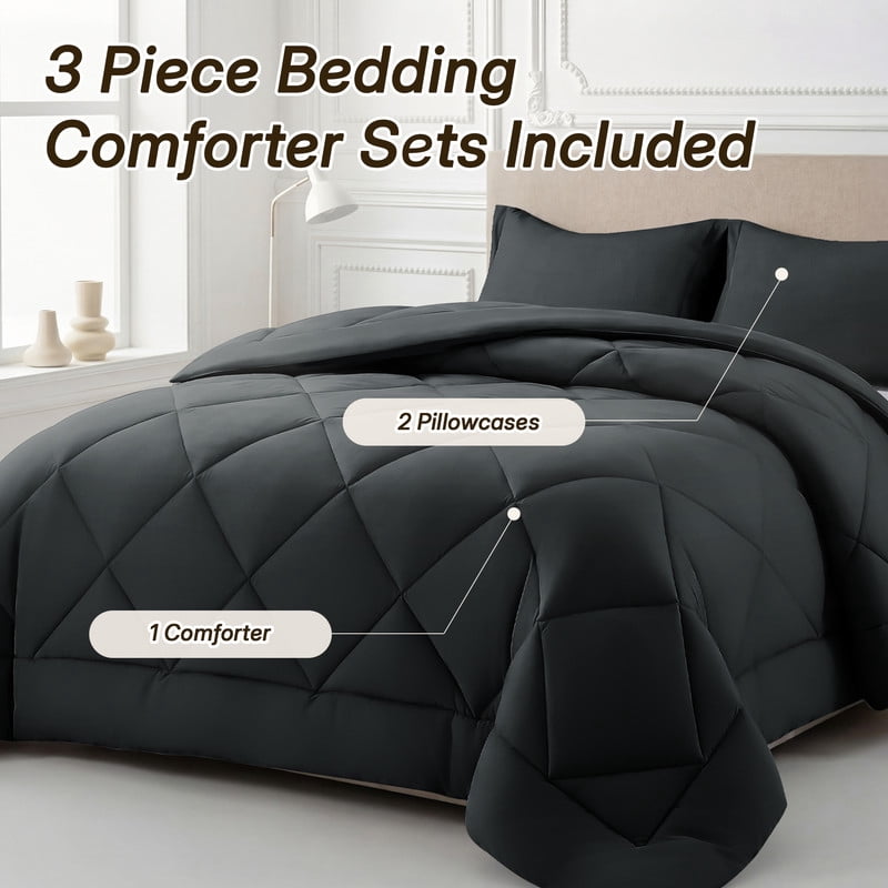 3 Pieces King Size Comforter Set, All Season Lightweight Breathable Bedding Set with 1 Down Alternative Comforter and 2 Pillowcases, Grey