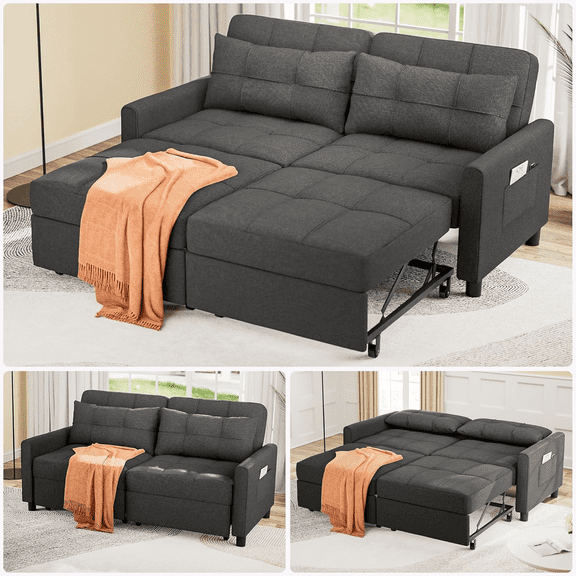 Noelse 58" Sleeper Sofa Bed, Pull-Out Couch with Adjustable Backrest and Side Pocket for Living Room, Dark Gray