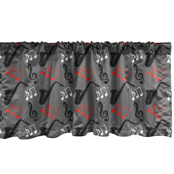 Ambesonne Jazz Music Window Valance, Notes Clef Saxophone, 54" X 12", Grey Black Red