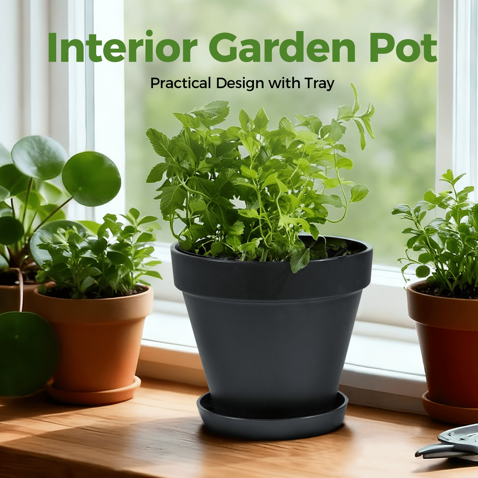 JF Black Plastic Plant Pot with Saucer, 8 Inch Modern Decorative Planter with Drainage Tray for Indoor Outdoor Plants, Flowers, Succulents, Herbs