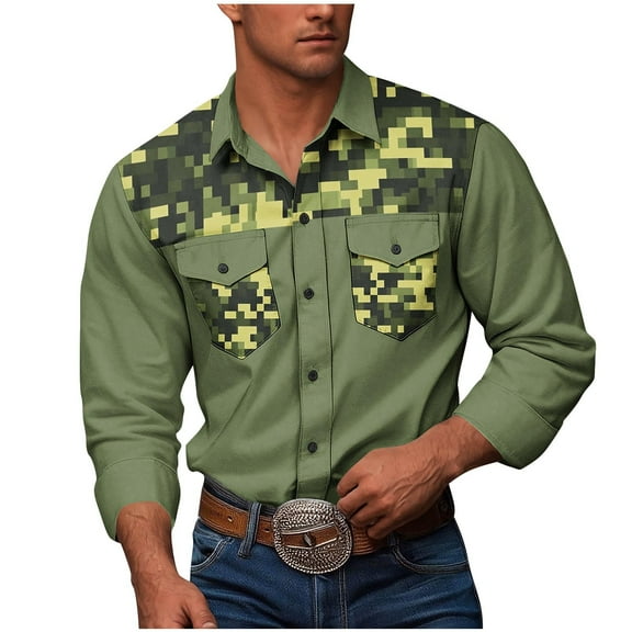 ZVNAΖH Men's Long Sleeve Military Style Cargo Tactical Work Shirt Button Down Camouflage Double Pockets Workwear Shirt