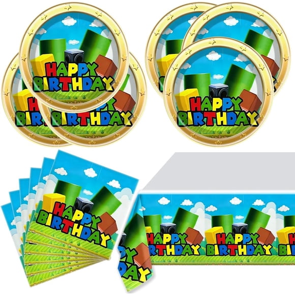 Super Bros Party Tableware, 20 Plates and 20 Napkins and Tablecloth71 '' x 42 ''Super Bros Birthday Party Decorate Supplies