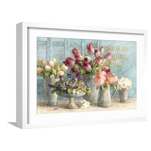 Art.com Marche des Fleurs Blue Gold Art Print by Danhui Nai, White Frame Wall Art, 23" x 17"
