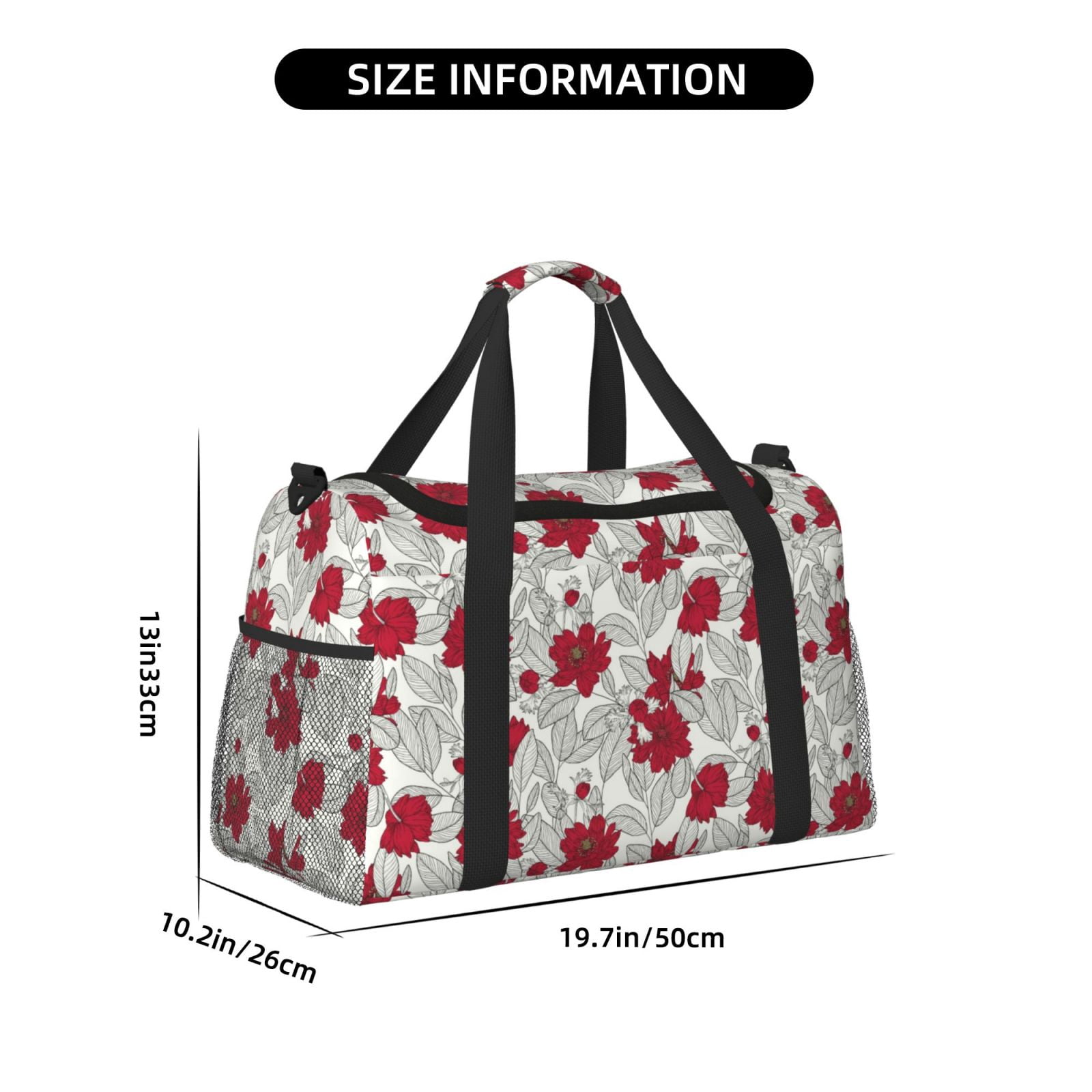 Fuzoiu Leaves And Anemone Flowers In Red Grey Print Travel Duffle Bag,Carry On Tote Bags,Duffel Bag,Sport Gym Bag, Hospital Bag for Labor and Delivery, Overnight Bag,Luggage Bag