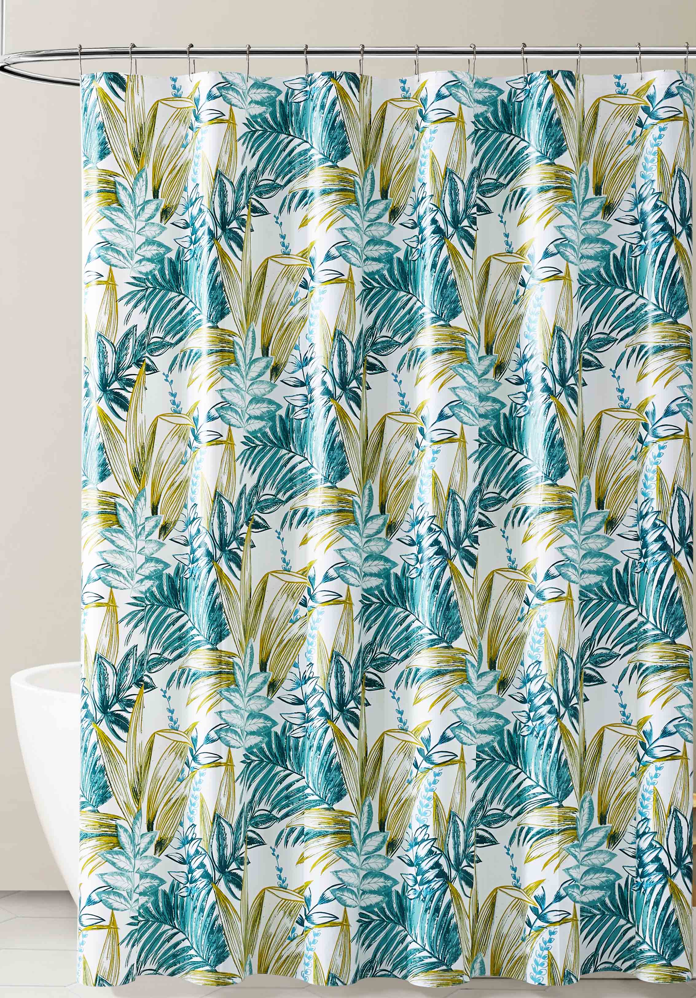 Teal White and Gold Tropical Leaf Design PEVA Shower Curtain Liner Odorless, PVC and Chlorine Free, Biodegradable, Mildew Free, Eco-Friendly Size 72in x 72inTeal White and Gold