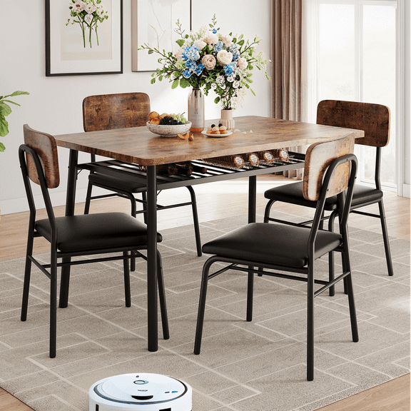 Luku 5-Piece Dining Table Set with Storage Rack, Modern Black Wood Table & 4 Chairs