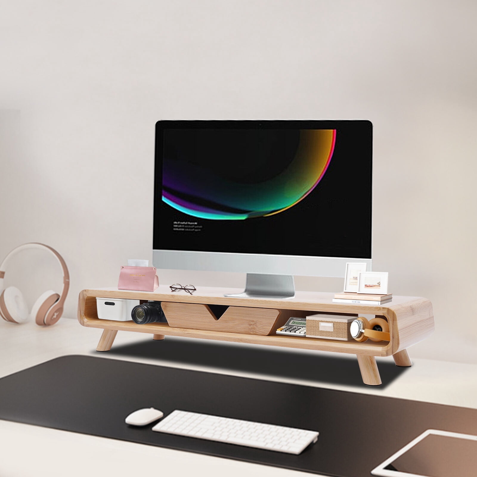 ToppiJoy Bamboo Monitor Stand with Drawer, Wooden Monitor Riser for Desk, Multi-Purpose Computer Monitor Stand for Computer, Laptop