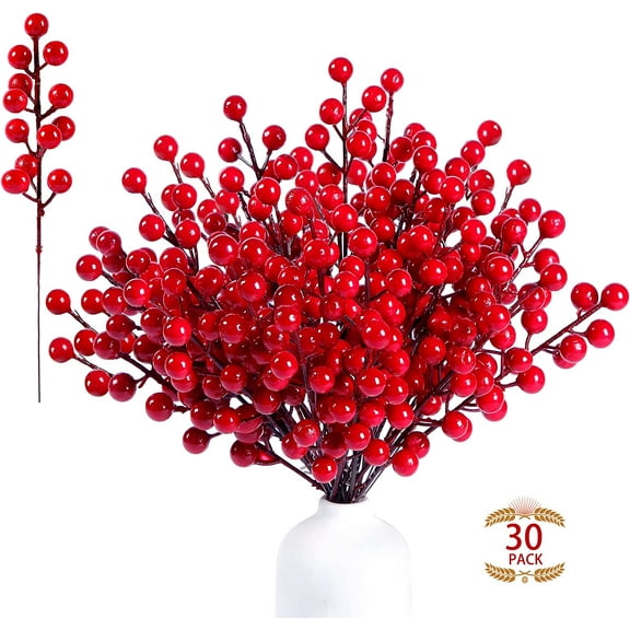 30 Pack Artificial Red Berry Stems 8.9inch Christmas Red Berry Picks Holly Berry Branches for Christmas Tree Decorations Holiday DIY Crafts Xmas Ornaments Wedding Home Decor