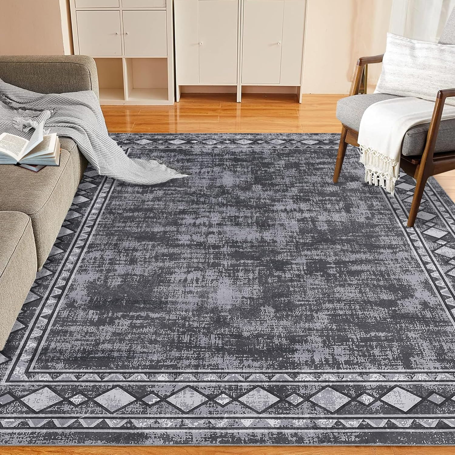 Washable Area Rug 10x13 Rug for Living Room Vintage Rugs for Bedroom Bordered Large Area Rug Non Slip Throw Rugs Stain Resistant Carpet for Nursery Dining Room Office Rug 10'x13' Grey