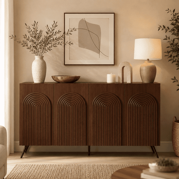 LFGUIZO 59" Modern Walnut Sideboard Buffet Cabinet with 4 Arch Carved Doors with 2 Adjustable Shelves for Living Room Dining Room