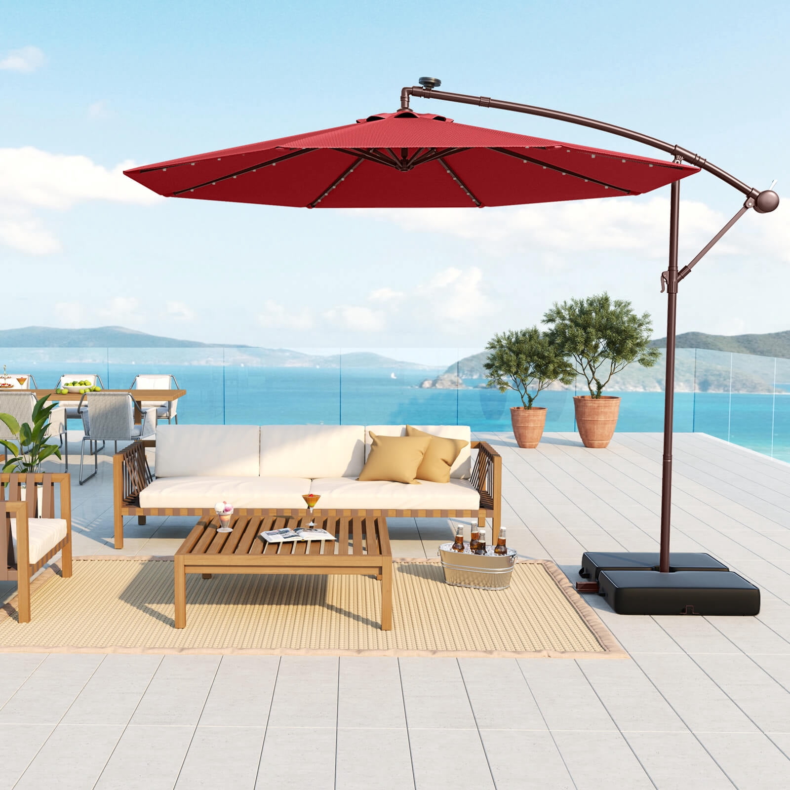 Costway Patio 10FT Hanging Offset Umbrella 32 LED Lights Sand Bag Outdoor Cross Base Wine