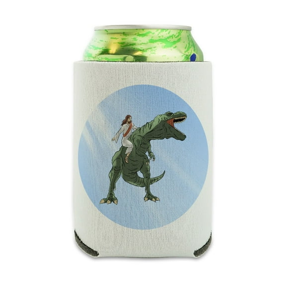 Jesus Riding a T-Rex Can Cooler - Drink Sleeve Hugger Collapsible Insulator - Beverage Insulated Holder