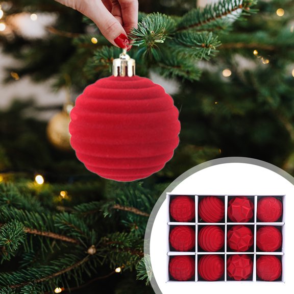 Twfbrm 12PCS Velvet Christmas Ball Ornaments Vintage Hanging Balls Christmas Tree Decorations Shatterproof Ball Ornaments Flocked Christmas Tree Hanging Ornament for Xmas Party Wedding Home Decor