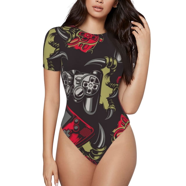 Fotbe Vintage Gaming Body de Mujer con Cuello Redondo y Mangas Cortas, Sin Mangas Ajustado, Suave, Cómodo y Básico-XX-Large