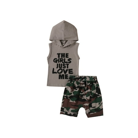

Emmababy Boy’s Letter Hooded Shirt Tops Camouflage Short Pants 2Pcs Outfit