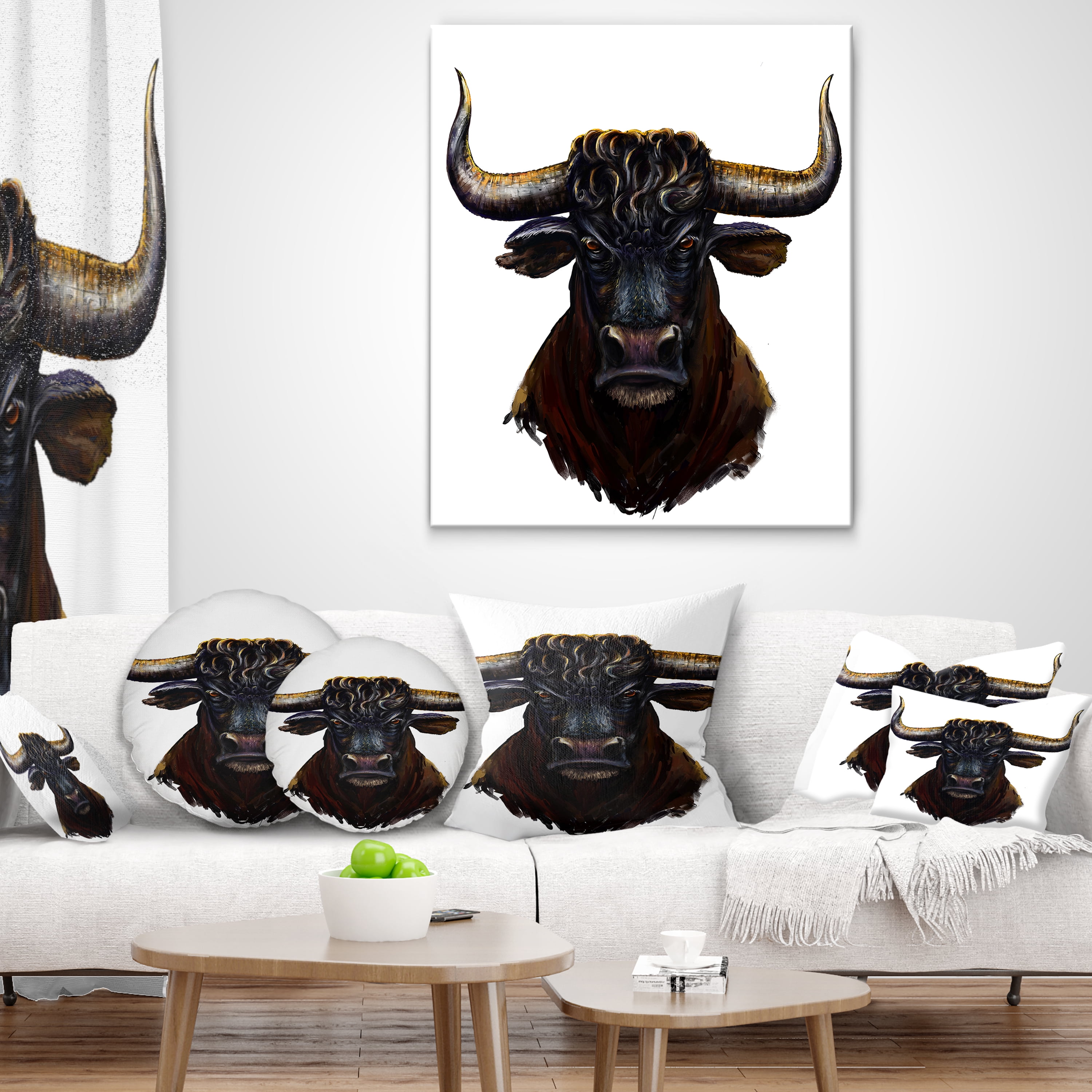 Designart Furious Bull Illustration Art - Animal Throw Pillow - 12x20
