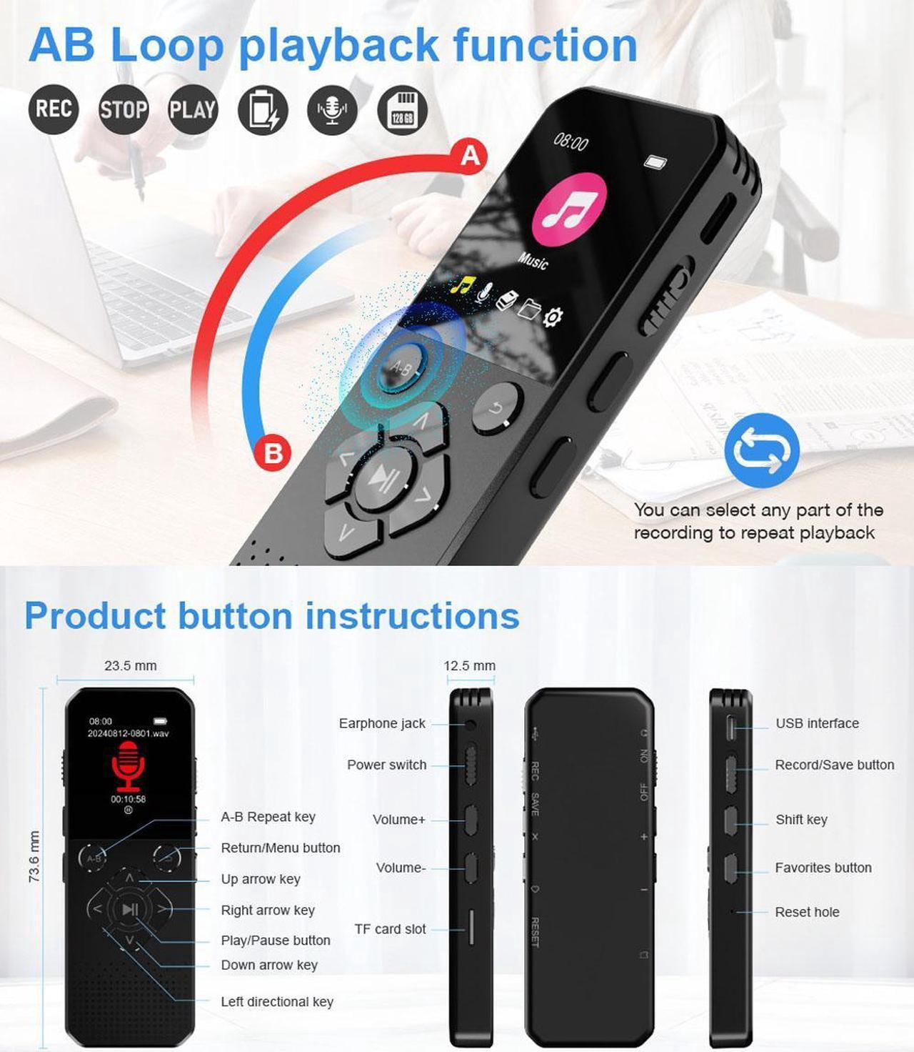128GB Digital Voice Recorder with Playback Bluetooth Speaker Audio Recorder for Lectures Meetings Interviews Voice Audio Recorder MP3 Player with Bluetooth