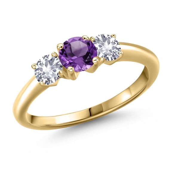 Gem Stone King 10K Yellow Gold Purple Amethyst and White Created Sapphire Engagement Ring for Women | 0.98 Cttw | Round 5MM | Gemstone February Birthstone | Size 5