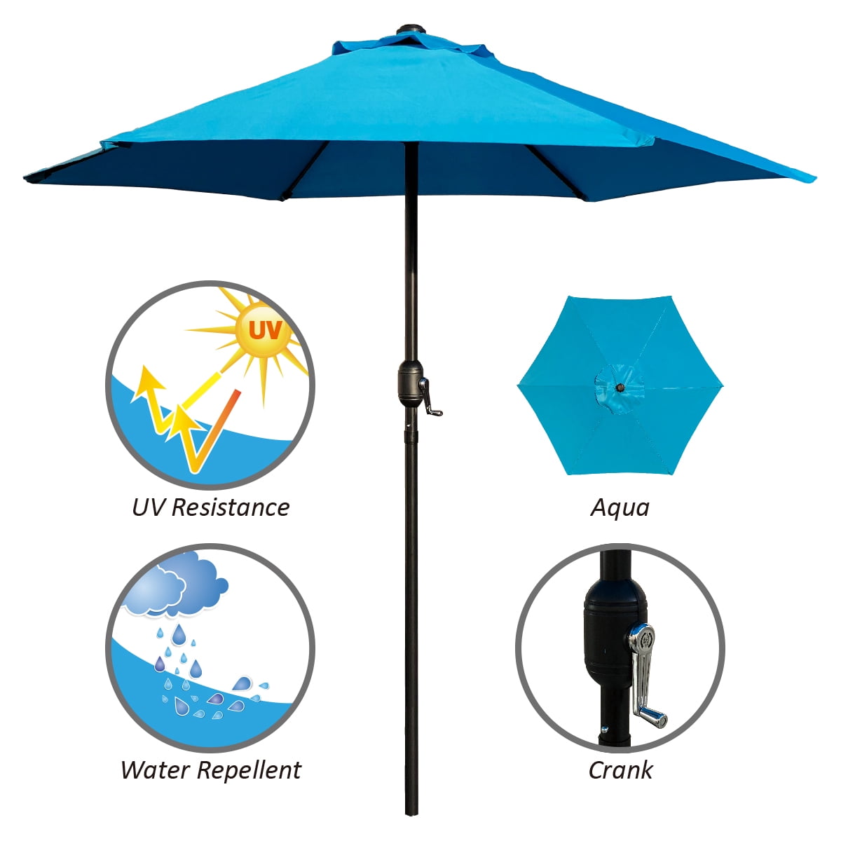 Abble 7.5ft Patio Umbrella with Crank Outdoor Market Umbrella with 6 Ribs for Garden Deck Backyard Pool, Aqua