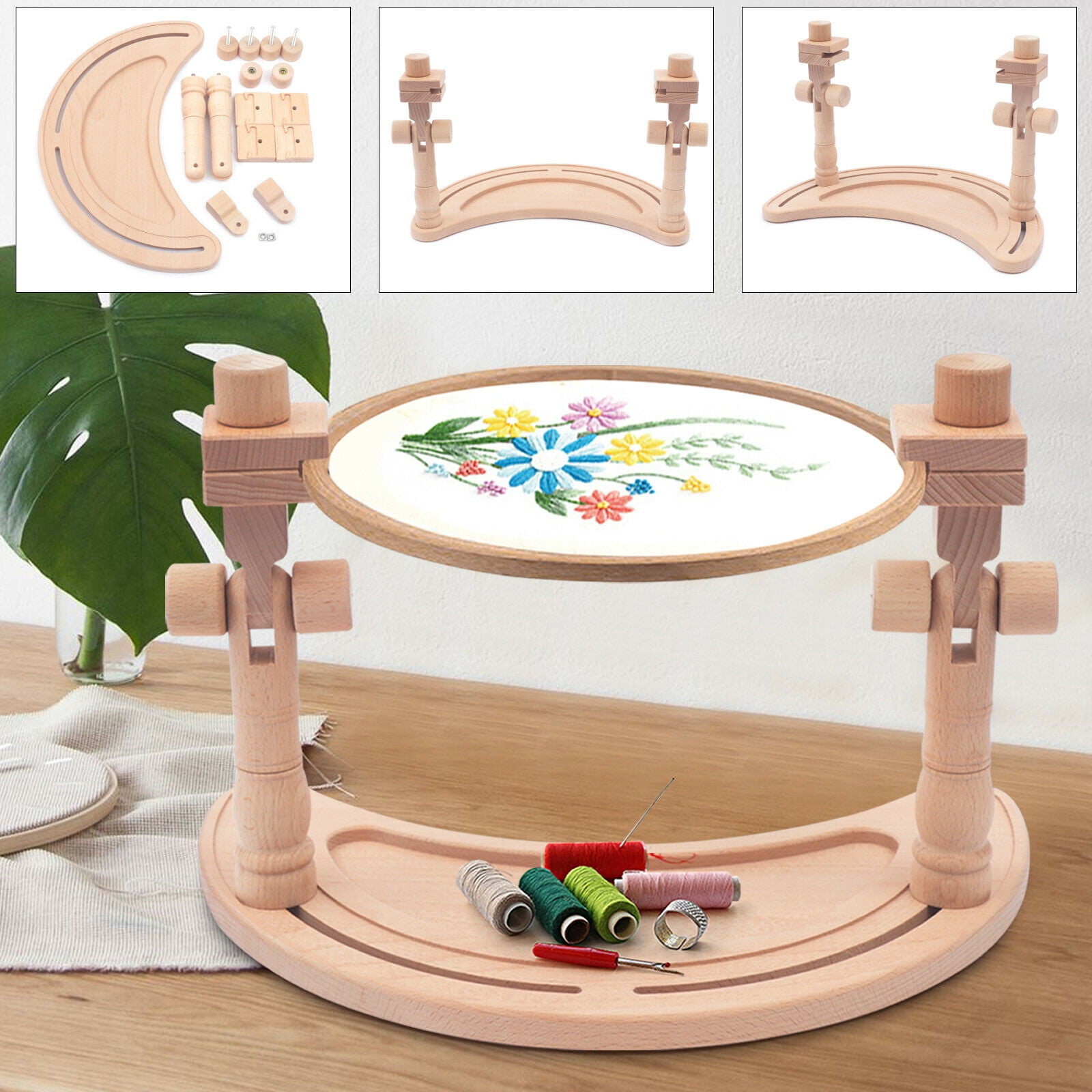 360° Wooden Embroidery Hoops Cross Stitch Rack Round Frames Desktop Stand DIY