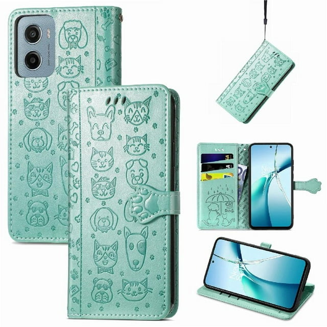 Étui à Rabat pour FOXDOCK Motorola Moto E15, Étui à Rabat en Cuir PU Gaufré Chat et Chien avec Fentes pour Cartes, Support