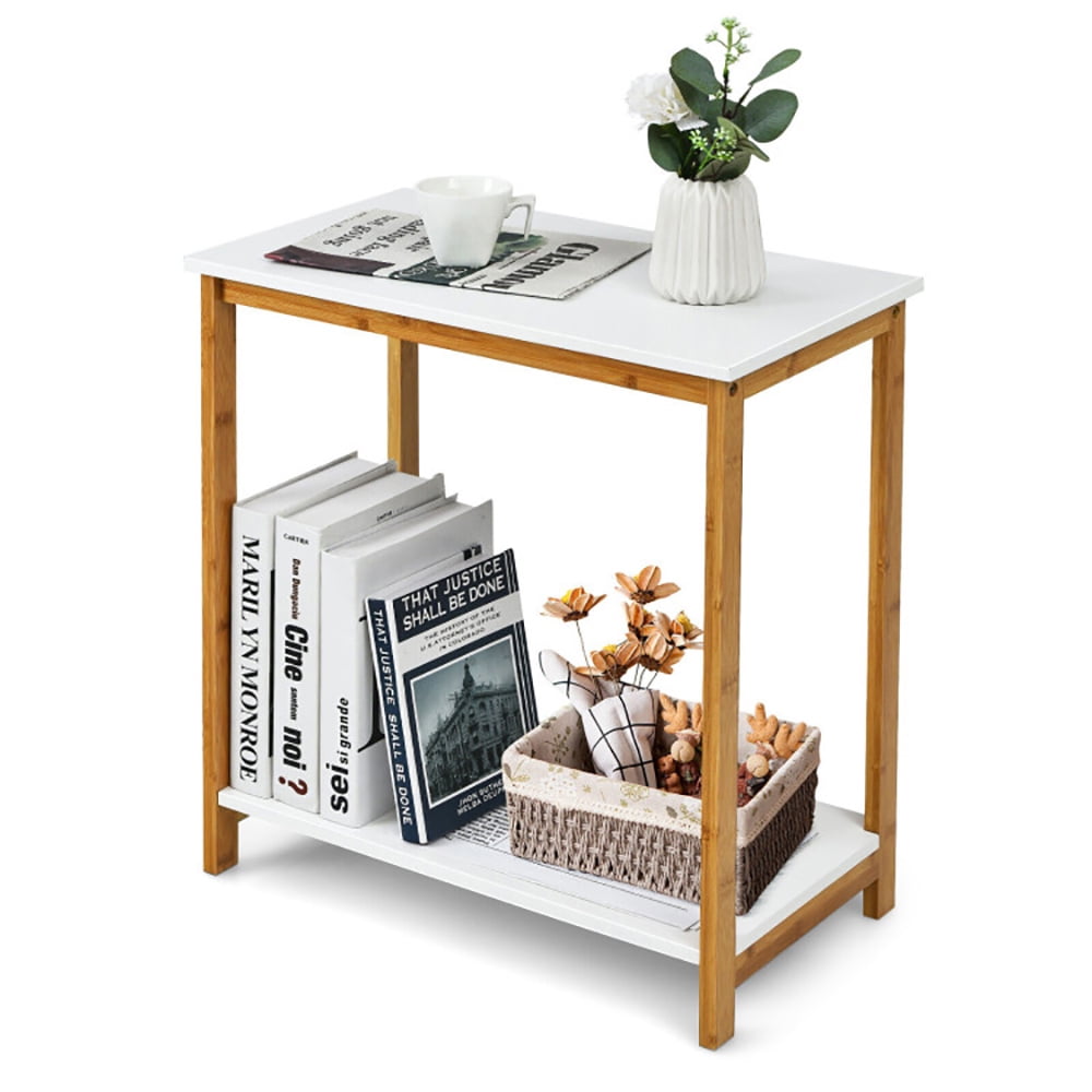 Finihen End Table, 23 Inch Height 2-tier End Table with Bamboo Frame and Bottom Shelf, Sofa Side Table, Bed Side Table, for Living Room, Bedroom, White Finihen End Table, 23 Inch Height 2-tier End Table with Bamboo Frame and Bottom Shelf, Sofa Side Table, Bed Side Table, for Living Room, Bedroom, White