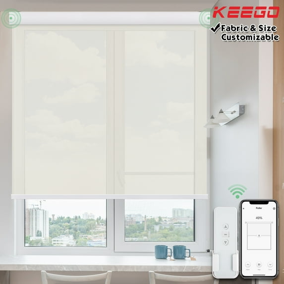 Keego Roller Sun Shade Motorized Blinds Smart Blind Window Shades Light Filtering Roller Shade with Valance Insulation Remote Control Custom Rechargeable Battery Child Safety Beige 32"w x 60"h