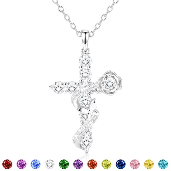 APSVO 925 Silver Plated Rose Cross Necklaces for Women April Birthstone Pendant with Crystal Birthday Christmas Jewelry Gifts Teen Girls Stocking Stuffers Kids