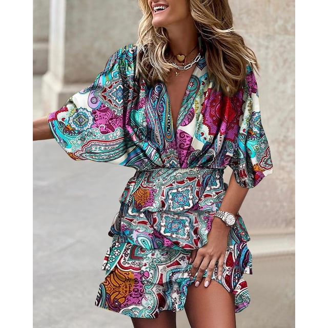 Autumn Summer Ruffled Dress Women Fashion Print Bat Sleeve V-neck Ruffled Mini Dress WomenXXL Gao Jinjia LED