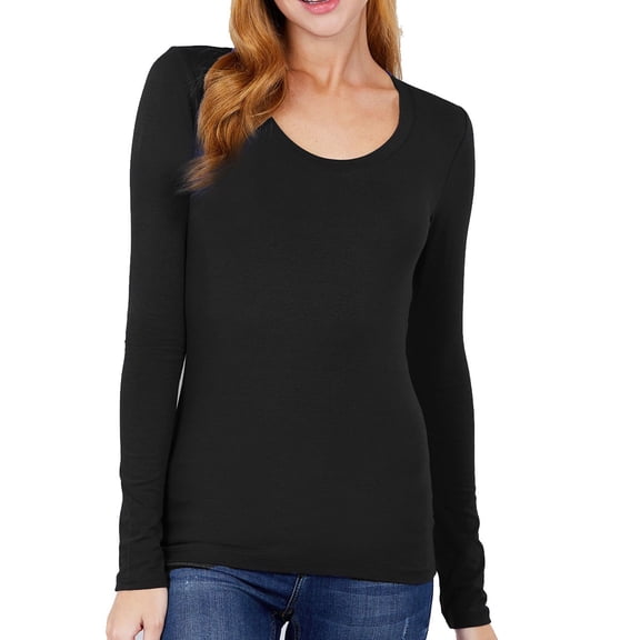 (ACTIVE BASIC) Long Sleeve T Shirt Sexy Scoop Neck Stretch Cotton Tee (Black/S)