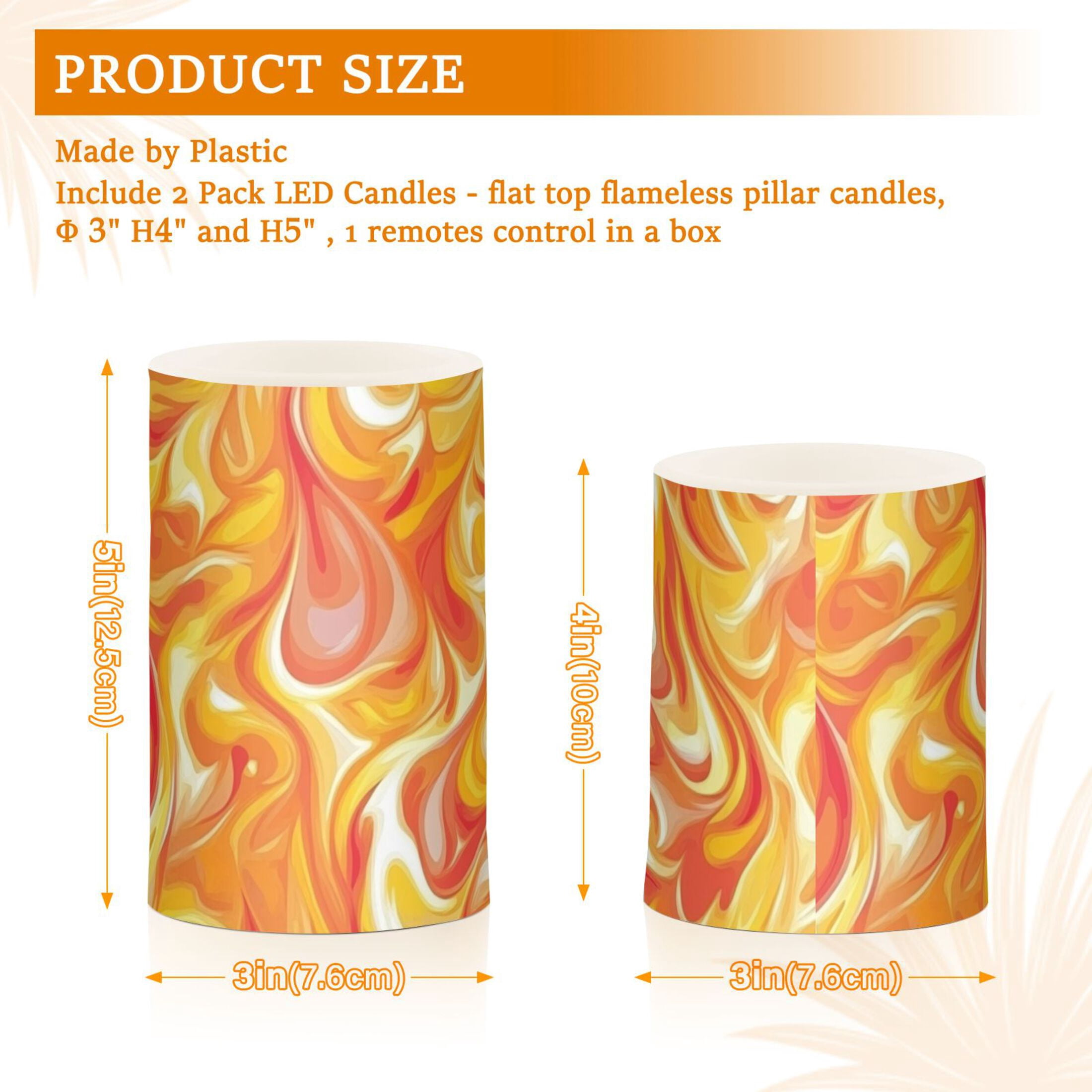 Orange Blaze Print Flickering Flameless Candles Battery Operated with Remote Timer LED Pillar Candles Set of 2