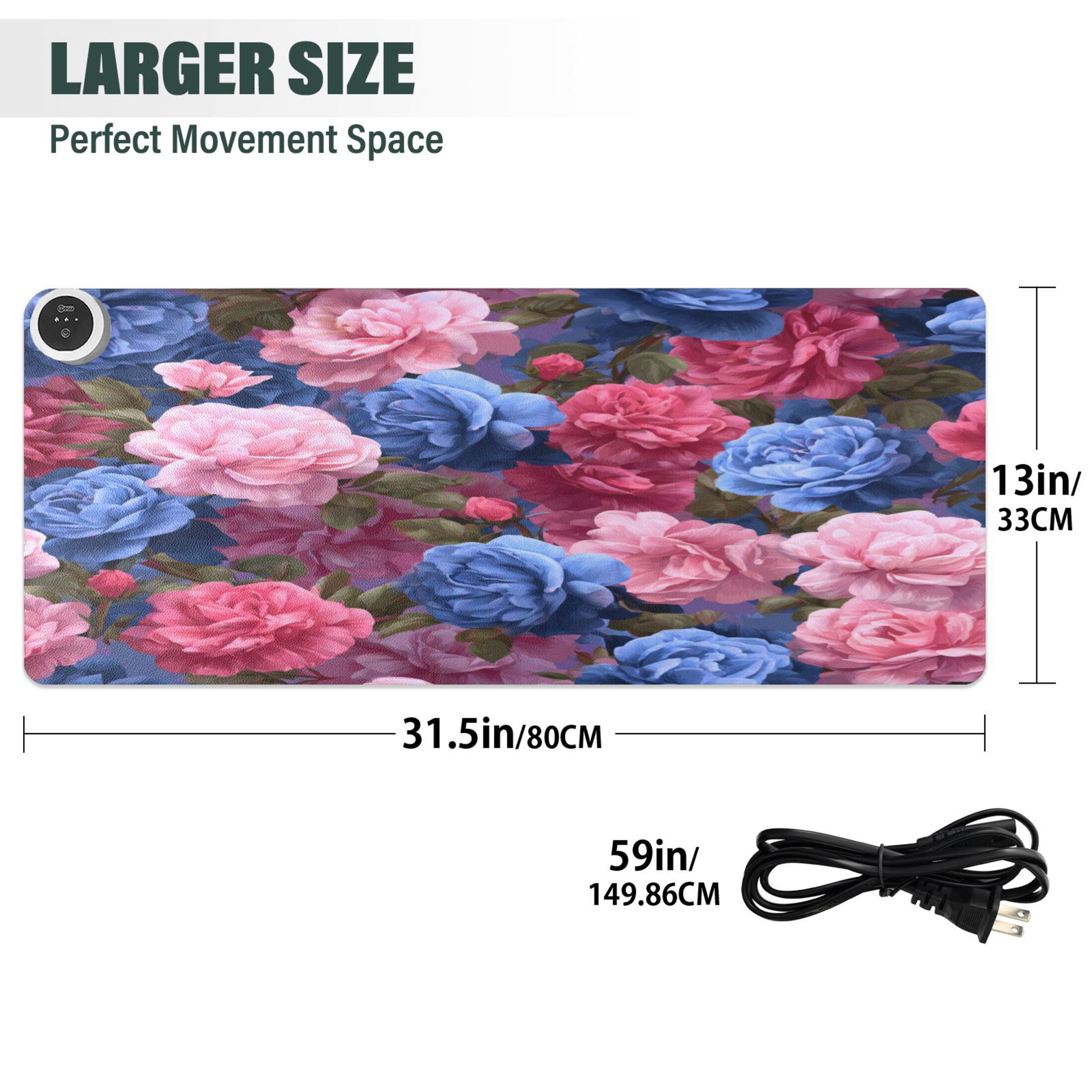 Large Heated Desk Mat Mouse Pad 31.5"x13"PU Leather Graphene Heating Desk Warmer with 3 Temperature Settings 110V US Plug Non-Slip Warm Pad for Home, Office, and Gaming Lush Peony Bouquet Print